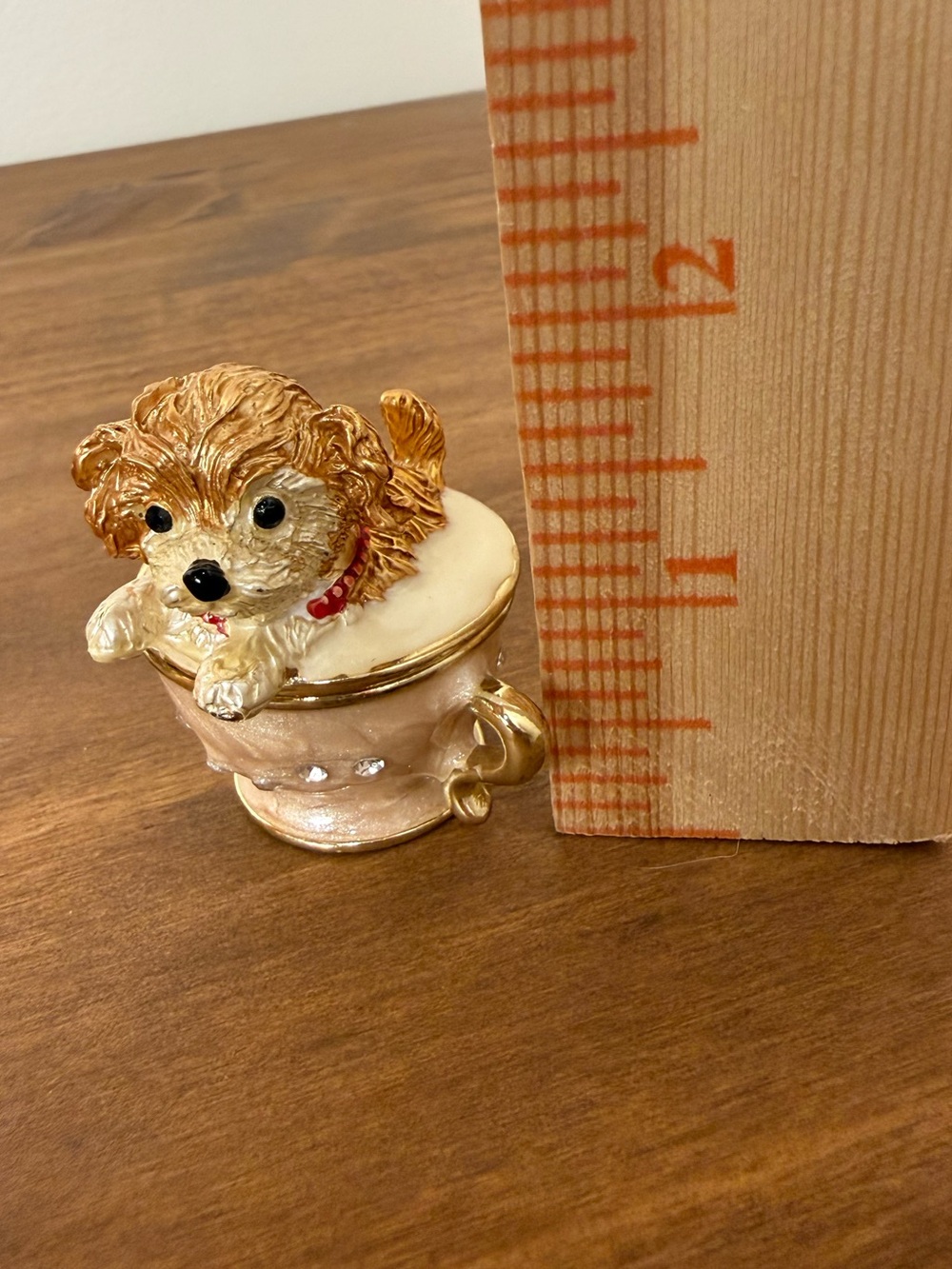 Gold and Cream Puppy on a Teacup Jewelry Trinket Box with Rhinestones Accents - Picture 11 of 12